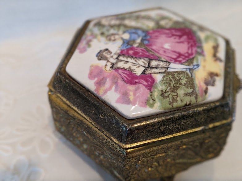 Vintage Brass Porcelain Hinged Trinket Box Hand Painted Porcelain