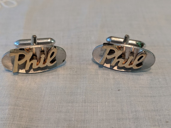 Vintage Swank Silver Tone Cuff Links With Name. Cuff Links With the Name Phil.  Oval Silver and Gold Tone Cuff Links With Name. Retro