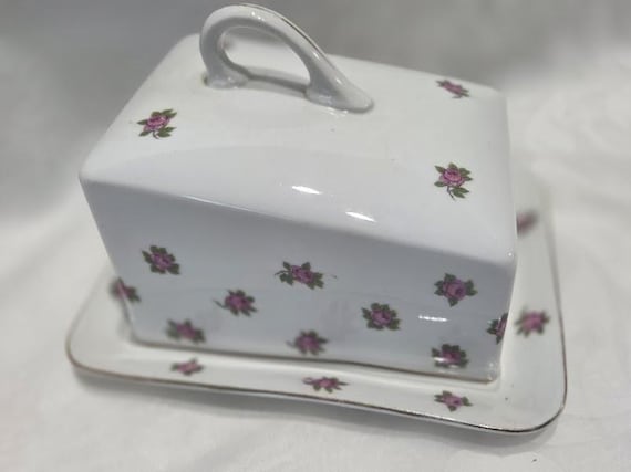 Vintage Petite Rose Porcelain Butter/Cheese Dish. Rose Floral Gold Trim Butter Dish.