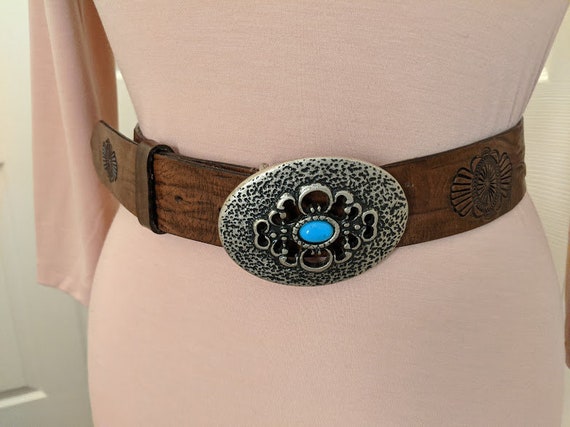 Guido Angeloni Hand Made Italian Leather Belt. Boho Hand Tooled Leather Belt. Tooled Leather Statement Belt. Embossed Design Boho Belt