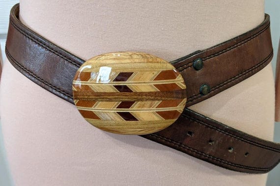 Custom Leather Belt with Inlay Wood Buckle.  Custom Made Wood Buckle by Frank Aubry