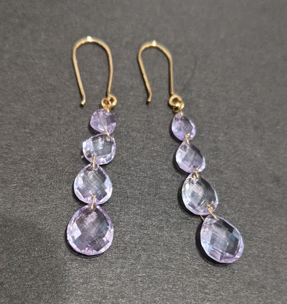Light Purple Amethyst Faceted Beads Drop Earrings. 10K Yellow Gold Amethyst Graduated beads drop earrings