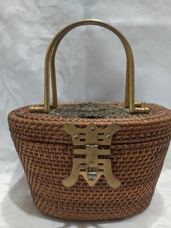 Antique Chinese Wicker Basket Purse. Vintage Wick