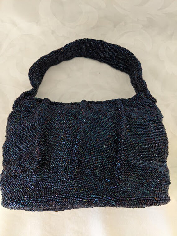 Vintage Navy Beaded Wrist Purse. Iridescent Navy B