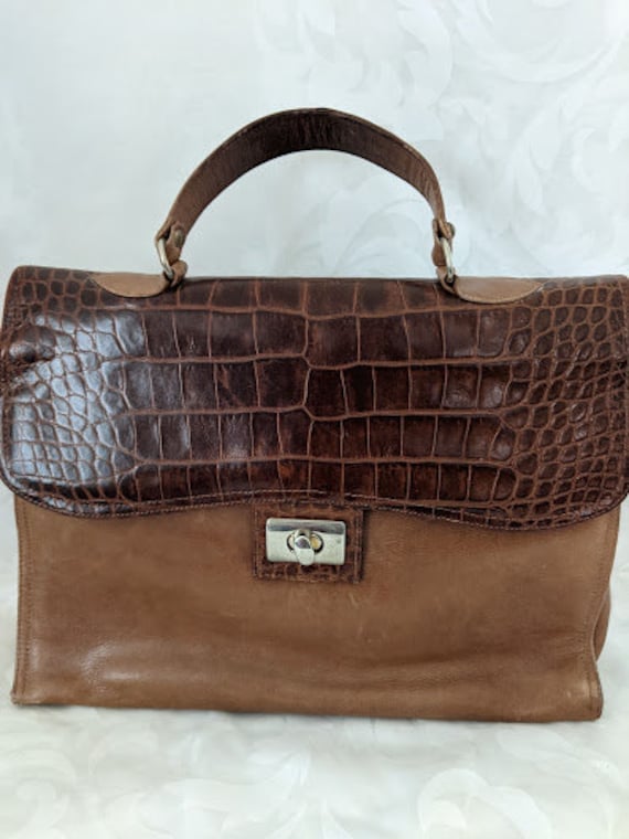 Jay Herbert/ New York Large Leather Top Handle Bag. Vintage Large Brief Case Style Tan Handbag. Faux Croc Embossed Leather Business Bag