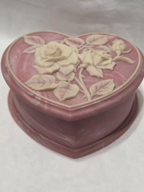 Vintage Pink Incolay Stone Heart Shaped Jewelry Box.  Pink Stone with Cream Raised Rose Design Lid.