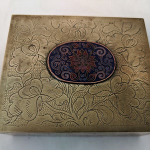 Antique Chinese Brass Trinket Box. Small Embossed Brass and Enamel Box. Circa 1900 . Brass Box, Enamel Ornament, Wood Lining. NOW ON SALE