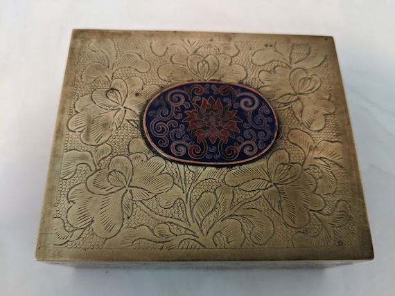 Antique Chinese Brass Trinket Box. Small Embossed Brass and Enamel Box. Circa 1900 . Brass Box, Enamel Ornament, Wood Lining. NOW ON SALE