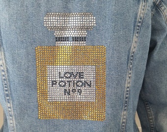 Vintage AT Denim Jacket with Love Potion No.9 Rhinestone Applique. Beautiful Rhinestone Applique on Blue Denim Short Jacket. Cute Statement!