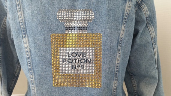 Vintage AT Denim Jacket with Love Potion No.9 Rhinestone Applique. Beautiful Rhinestone Applique on Blue Denim Short Jacket. Cute Statement!