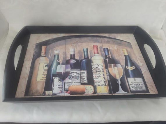 Wine Motif Ceramic Tiles Black Wood Serving/ Decorative Large Tray. Built in handles.
