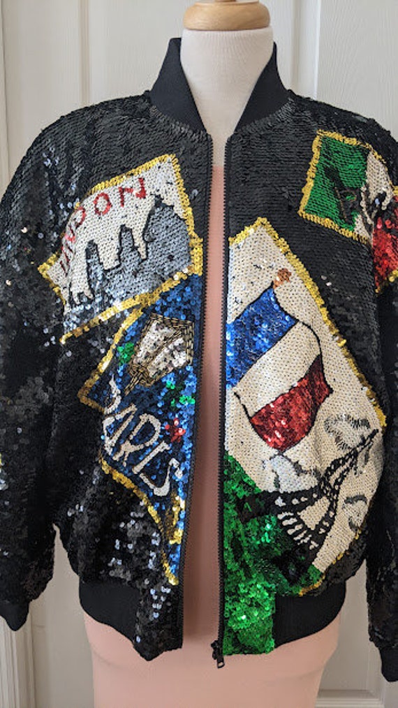 I.B Diffusion Souvenir Sequined Bomber Jacket.  Women's Sequined Large Bomber Jacket. Travel Theme Paris, London, Greece, Rome