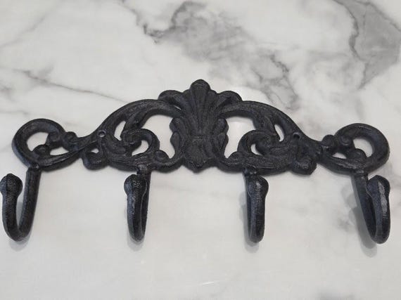 Cast Iron Wall Mounted Coat/hat Rack. Black Ornate Style Fleur-De-Lis Top Four Hanging Hooks Wall Rack.