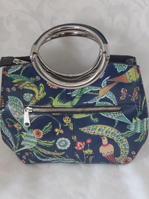 Patricia Nash Birds of Paradise Blue/Green Satchel. Top Metal Ring Handle Vibrant Floral and Birds Patricia Nash Handbag.