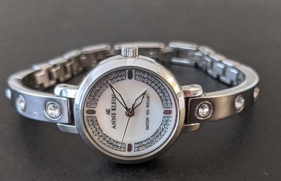Vintage Anne Klein Silver Tone Bangle Watch.  Women's Silver Tone Swarovski Crystal Accent Anne Klein Watch.