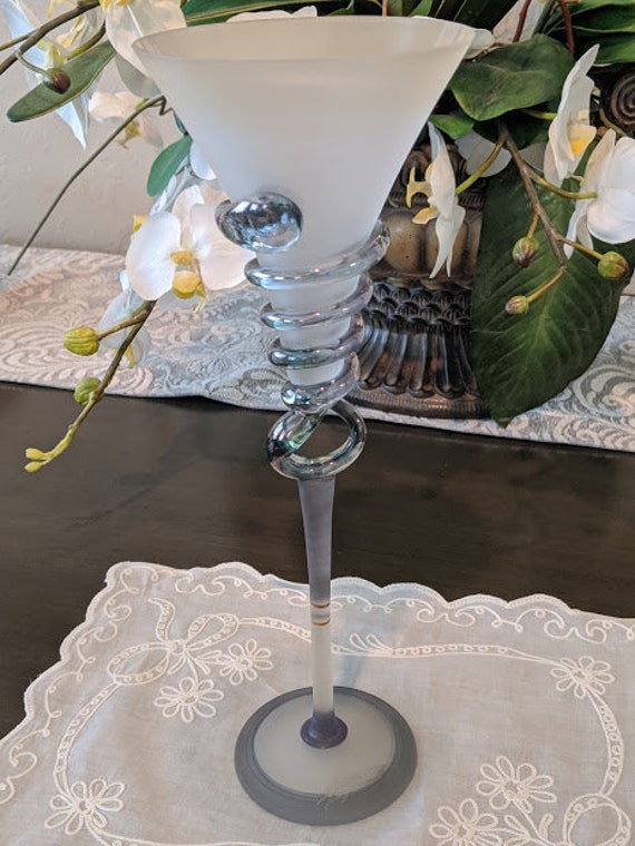 Vintage Frosted Glass Flute Vase Signed Jon Art. Late Century Frosted Hand Blown Candle Holder. Jon Art Romania Tall Flute Vase Kralik Style