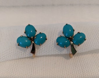 Vintage V-20 12K GF WRE Turquoise 3 Leaf Clover Screw Back Earrings. Beautiful Turquoise Blue Art Deco Earrings. 12 K Gold Filled Earrings