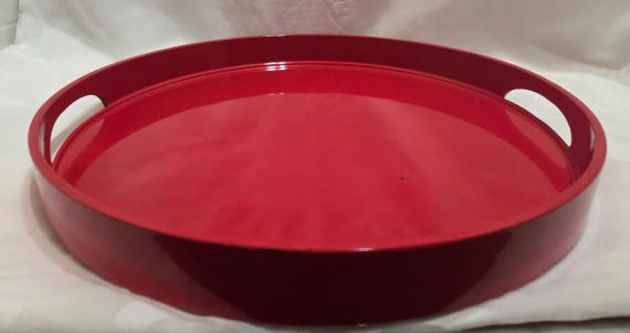 Vintage Red Lacquered Round Serving Tray Made in Japan.  Vintage Round Lacquered Serving Tray with Handles Red Color. 14 1/4 Inches Round