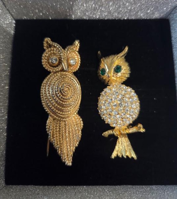 Two Vintage Owl Gold-Tone Rhinestone Brooches.  Napier Halmark Owl Brooch