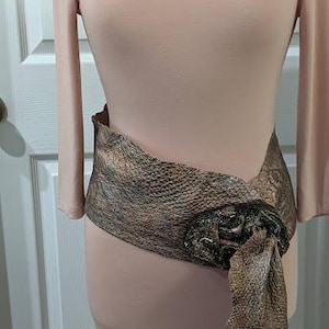 May include: A blush-colored long-sleeved dress with a wide, textured belt. The belt is primarily brown with gold accents and a decorative buckle. The dress is form-fitting and has a scoop neckline.
