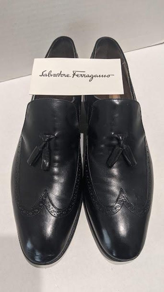 Vintage Salvatore Ferragamo Black Leather Dress Tassel Loafer.  Renzo 10 1/2 B Narrow