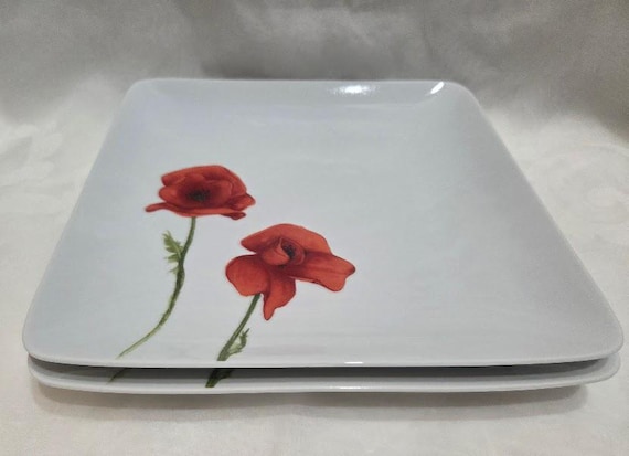Vintage Square Plates Poppies Blooming Set of Two. Red Vanilla Summer Sun Collection Bone China Plates.