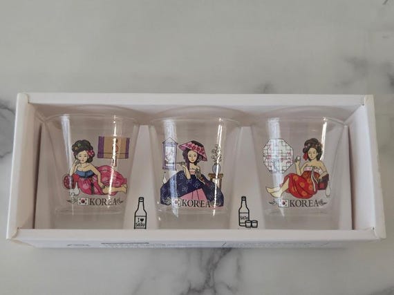 Vintage Korean Soju Glasses Set: Folk Art Women Shot Glasses