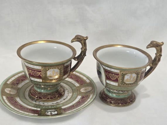 Antique Royal Vienna Mythological Scene Porcelain  Demitasse Cup and Saucer. Franz Dorfl (2) Pear Green and Burgandy Porcelain Cupid cups.