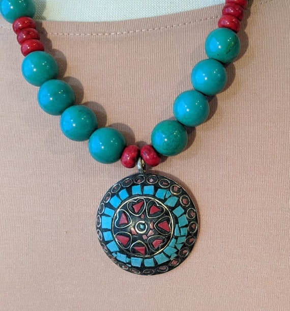 Tibetan Turquoise/Coral Silver Mosaic Pendant Necklace. Bohemian Round Tuquoise Beads and Coral Pendant Necklace.Ornate Necklace SALE SALE