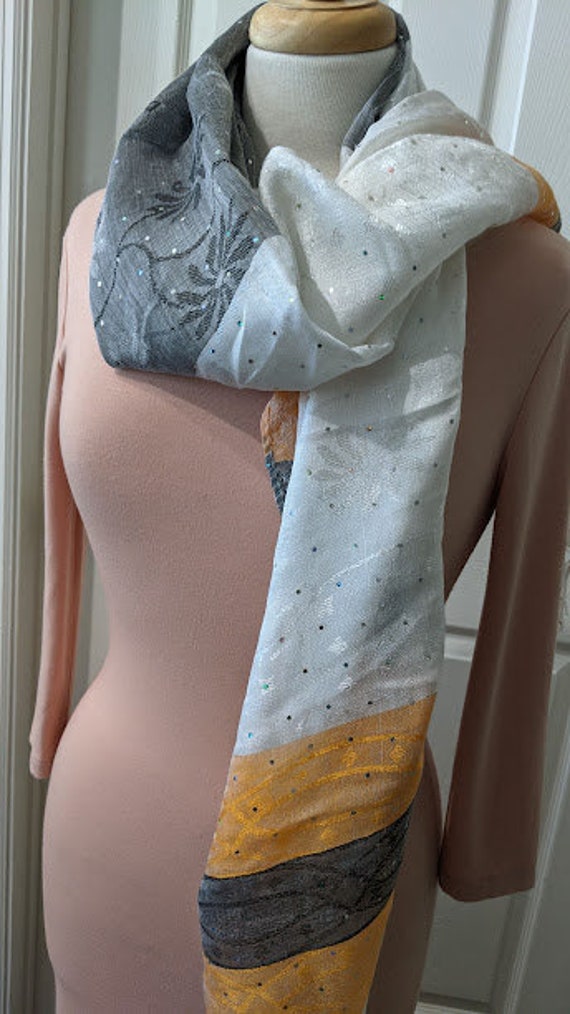 Vintage Rectangular Grey-White-Melon Sparkly Scar… - image 7