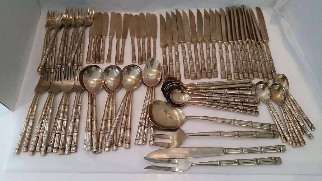 Vintage Brass Bamboo Style Flatware. 93 Piece Brass Bamboo Cutlery Set.  Retro Brass Bamboo Style Flatware. SALE! FREE SHIPPING!