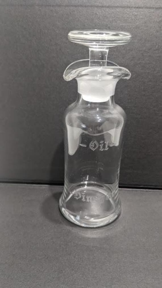 Vintage Glass Oil and Vinegar Lidded Double Spout Bottle. Glass Oil and Vinegar Decanter with Glass Topper