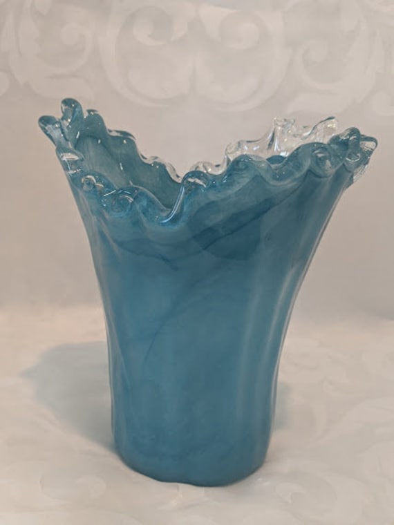 Vintage Lavorazione Arte Hand Blown Morano Vase. Blue Waves Hand Blown Vase. Morano Decorative Art. Crystal & Blue Vase Morano Art Vase