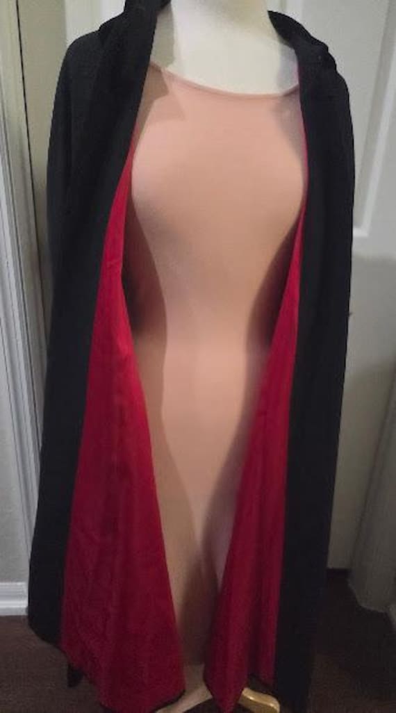 Vintage Black Wool Women's Cape. Black Wool Cloak with Velvet Collar and Red Lining