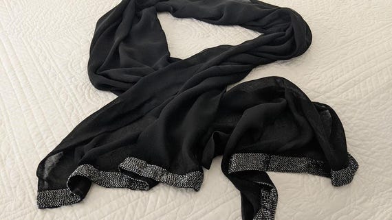 Vintage Adrienne Landau Cocktail Black Silk Semi-Sheer Wrap.  Long wrap/scarf with Embellished Ends.
