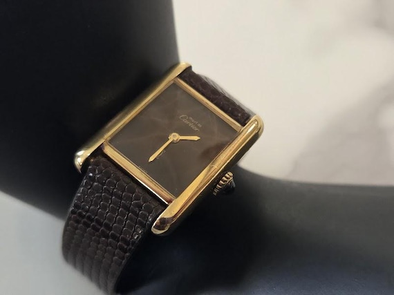 Vintage Must De Cartier Tank Vermeil Women's Watch. Chocolate Brown Face, Swiss Made, 925 Sterling Silver 20-micron Yellow Gold Layer.