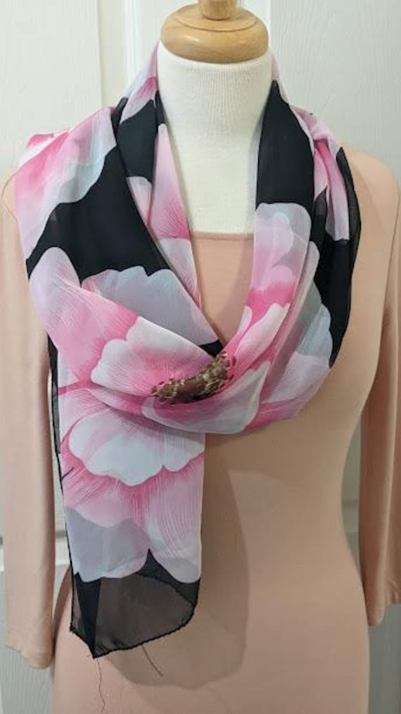 Vintage Long Rectangular Silk/Polyester Black and… - image 5