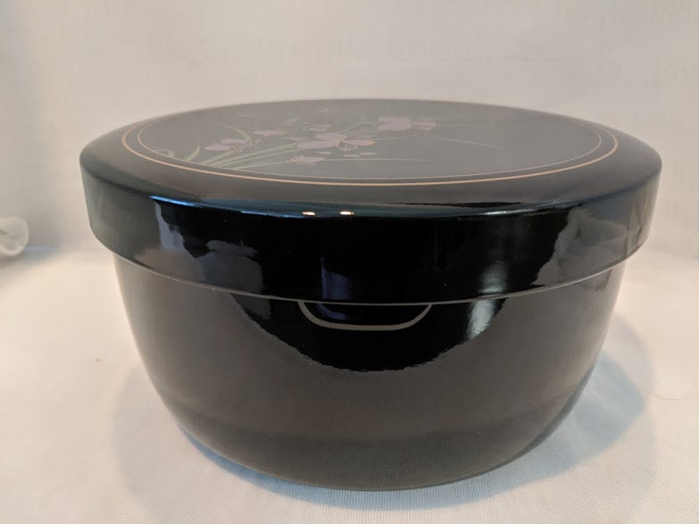 Vintage Japanese Lacquerware Lidded Bowl. Black Lacquer With Orchad