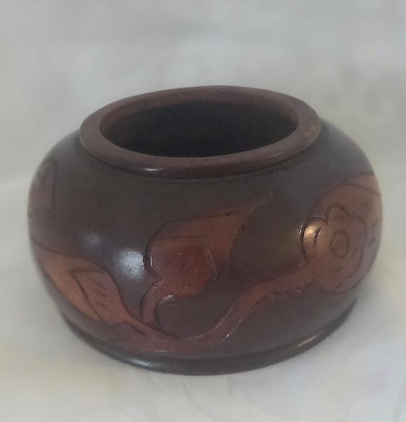Small Decorative Hand Carved Wood Bowl. Flowers, Leaves Hand Carved Wood Bowl.
