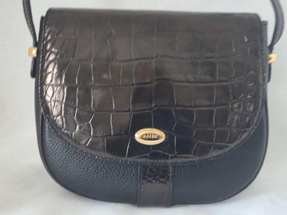Vintage Bally Black Leather with Brown Crocodile Pattern Embossed Flap, Magnetic Closure Crossbody Bag. Made in Italy