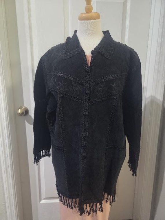 Vintage Suede Black Boho Fringe Women's Jacket.  Women's Dressbarn Size 18W Black Suede Coat Crochet Fringes