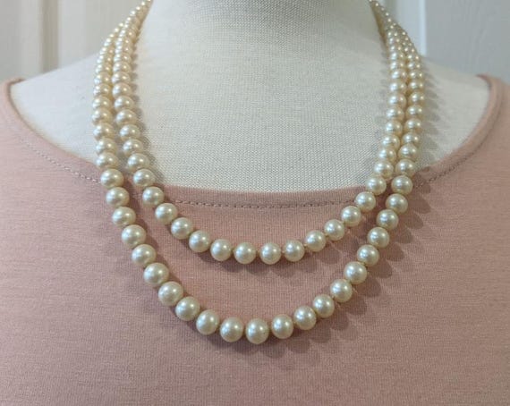 Vintage Double Strand Cream Faux Pearls.  Glass Pearls, Rhinestone Clasp, Double Strand