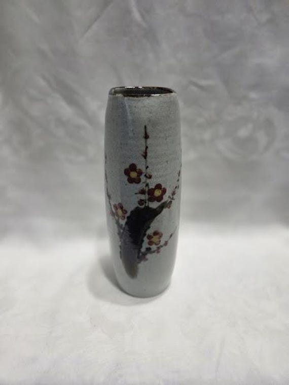 Cylinder Grey Ceramic Vase Made in Japan. Grey Speckle Glaze with Plum Blossom Stoneware Vase "Post-World War 11