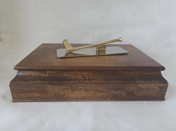 Vintage London Leather Co. Men's Dresser Valet Jewelry Box. Walnut Men's Jewelry Box with Golf Club Letter Clip Memo Holder.