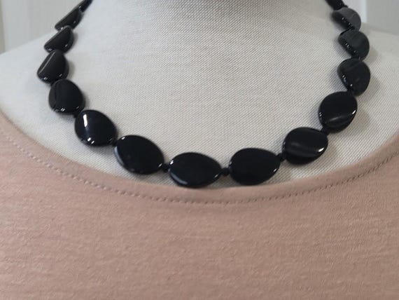 Shiny Black Flat Agate Stone Necklace.  Chunkey flat Black Agate Statement Necklace
