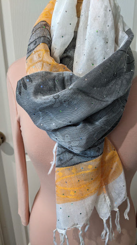 Vintage Rectangular Grey-White-Melon Sparkly Scar… - image 2