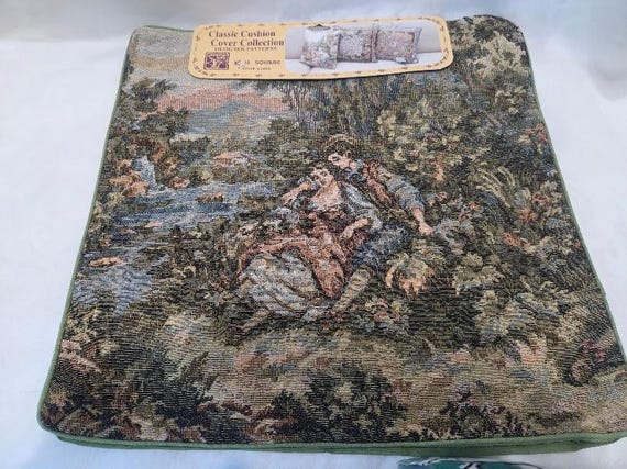 Two Classic Pillow Covers in a French Tapestry of Couple in Garden. Color: Green