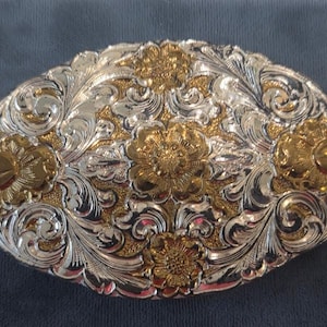 Gold and Silver Ornate \'J\' Belt Buckle by Crummine Crumrine Western Belt Buckle Oval Bull Rider Detailed Edge  main image 2