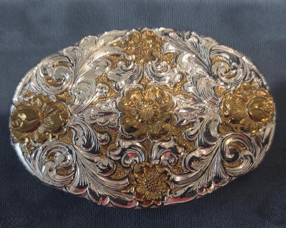 Vintage Ornate Crumrine Silver and Gold Tone Oval Cowgirl Belt Buckle.  Intricate Floral Design Oval Silver/Gold Tone Buckle.