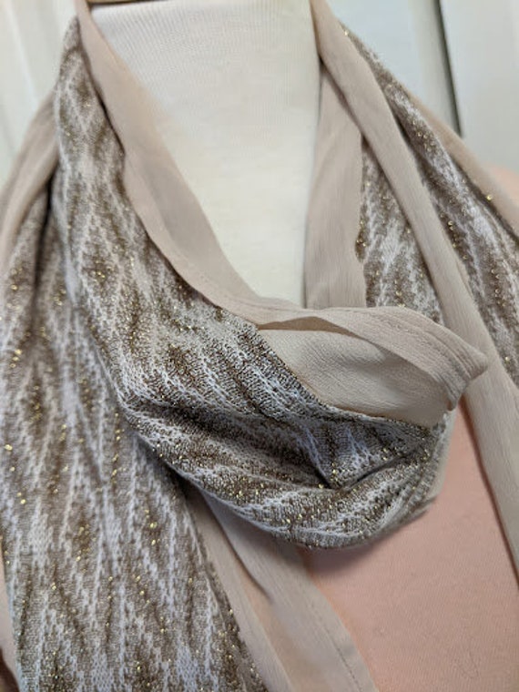 Vintage Chico Beige/Tan And Gold Metallic Scarf. Long Accent Dressy Chico Scarf.